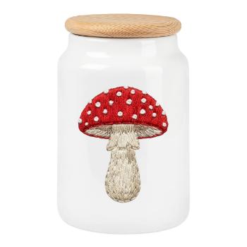 Rouge champignon blanc dans un aspect brodé (imprimé) - Boîte à biscuits avec couvercle en bois - blanc - Devant