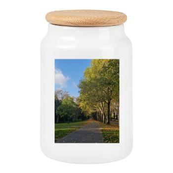 Autumn path through Lauballee - Cookie Jar with Wooden Lid - white - Front