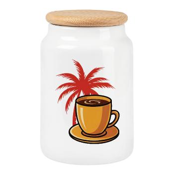Tropischer Kaffee Palmenstil - Keksdose mit Holzdeckel - Weiß - Vorne