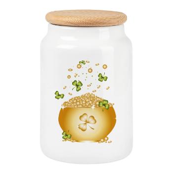 Golden pot with gold coins and shamrocks - Cookie Jar with Wooden Lid - white - Front