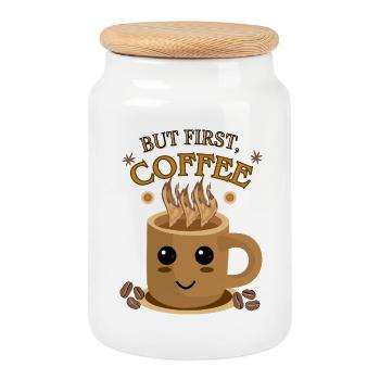 Mais d’abord, le café – Kawaii | Motif de tasse de café - Boîte à biscuits avec couvercle en bois - blanc - Devant