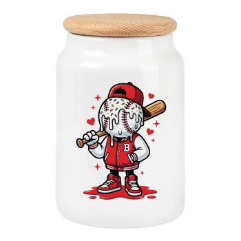Dessin animé du joueur de baseball doux - Boîte à biscuits avec couvercle en bois - blanc - Devant