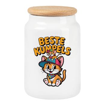 Cute cat and mouse as best friends - Cookie Jar with Wooden Lid - white - Front
