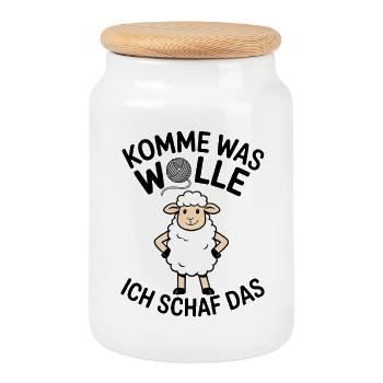 KOMME WAS WOLLE ICH SCHAF DAS - Lustiges Wortspiel - Keksdose mit Holzdeckel - Weiß - Vorne