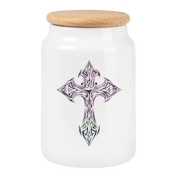 Prismatic Cross Tattooed Crest - Cookie Jar with Wooden Lid - white - Front