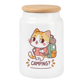 Kawaii Camper Cat and Backpack - Cookie Jar with Wooden Lid - white - Front