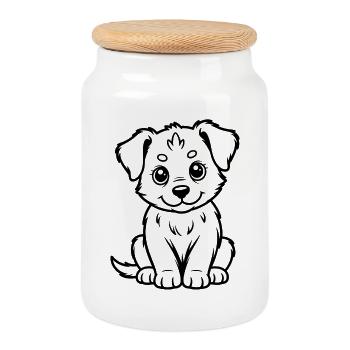 Cuddly Dog Line Drawing - Cookie Jar with Wooden Lid - white - Front