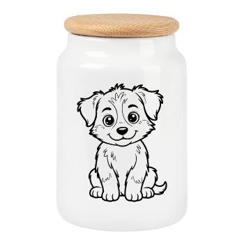 Cuddly Dog Line Drawing - Cookie Jar with Wooden Lid - white - Front