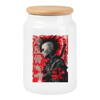 Punk Kriegerin – 冷反骨 Urban Art - Keksdose mit Holzdeckel - Weiß - Vorne