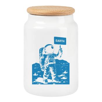 Astronaut on the moon holding a sign - Cookie Jar with Wooden Lid - white - Front
