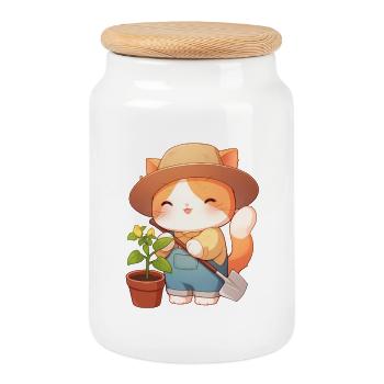 Cute Gardener Cat – Kawaii Kitten in the Garden - Cookie Jar with Wooden Lid - white - Front