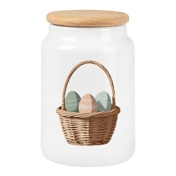Œufs pastel dans un panier - Boîte à biscuits avec couvercle en bois - blanc - Devant