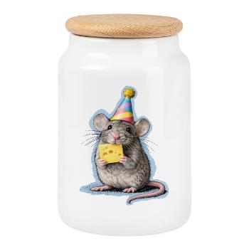 Souris de fête au fromage – Art mixte - Boîte à biscuits avec couvercle en bois - blanc - Devant