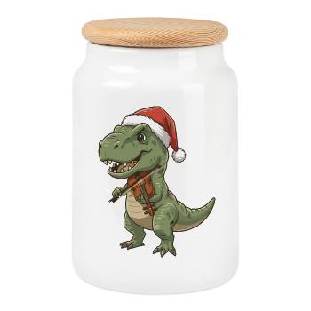 Christmas T-Rex Dinosaur Playing Violin - Cookie Jar with Wooden Lid - white - Front