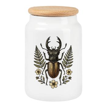 Bronze Insect in Leaf Wreath - Cookie Jar with Wooden Lid - white - Front