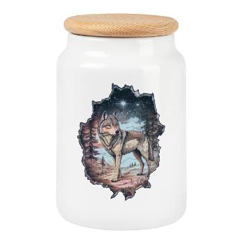 Loup - Boîte à biscuits avec couvercle en bois - blanc - Devant