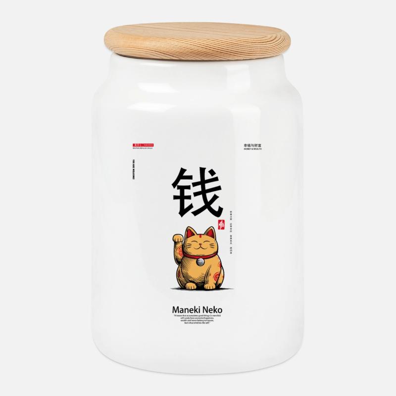 Maneki-Neko - Keksdose mit Holzdeckel - Weiß
