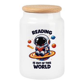 La lecture, c’est hors de ce monde - Boîte à biscuits avec couvercle en bois - blanc - Devant