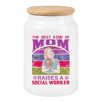 La meilleure maman lève un chandail d’assistante sociale - Boîte à biscuits avec couvercle en bois - blanc - Devant