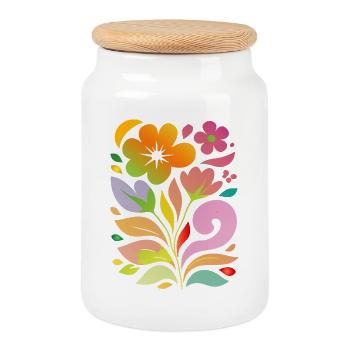 Colorful Flowers Illustration Decorative Motif - Cookie Jar with Wooden Lid - white - Front