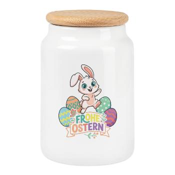 Frohe Ostern Hase mit bunten Eiern - Keksdose mit Holzdeckel - Weiß - Vorne
