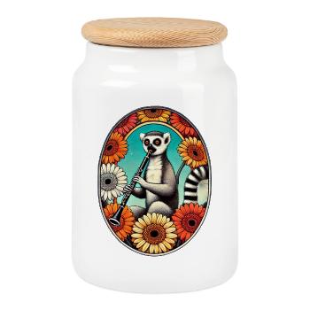 Lemur Serenade in Floral Circle - Cookie Jar with Wooden Lid - white - Front