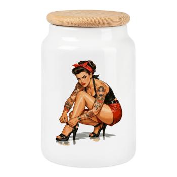 Retro Pin-Up: Tattooed Rockabella Gift - Cookie Jar with Wooden Lid - white - Front