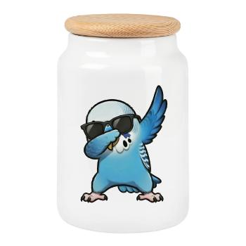 Dabbing Wellensittich blau - Keksdose mit Holzdeckel - Weiß - Vorne