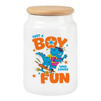 Just A Boy Who Loves Fun Funny Shirt Kid - Cookie Jar with Wooden Lid - white - Front