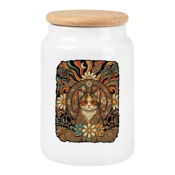 Hippie Cat 60s Love Peace - Boîte à biscuits avec couvercle en bois - blanc - Devant