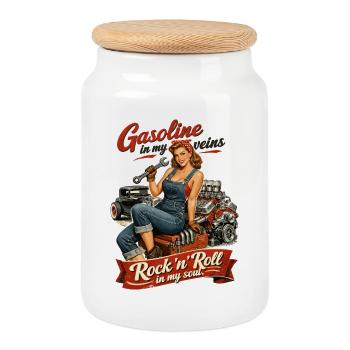 Retro Pin-up Hot Rod: Gasoline & Rock n Roll Soul - Cookie Jar with Wooden Lid - white - Front