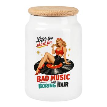 Pin-Up rétro sur disque vinyle : vinyle & rockabilly - Boîte à biscuits avec couvercle en bois - blanc - Devant