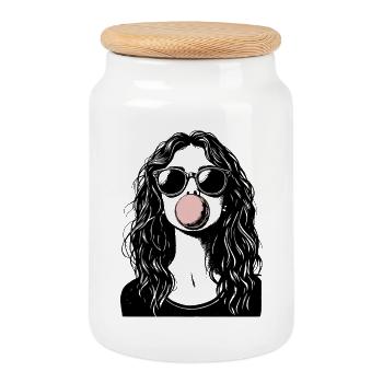 Fille cool qui souffle du chewing-gum - Boîte à biscuits avec couvercle en bois - blanc - Devant