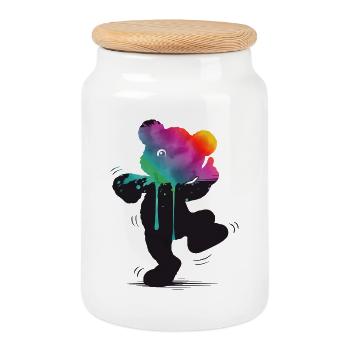 Rainbow Bear Silhouette with Watercolor Gradient - Cookie Jar with Wooden Lid - white - Front