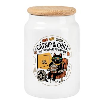 Kino Katze Popcorn 3D Look - Keksdose mit Holzdeckel - Weiß - Vorne