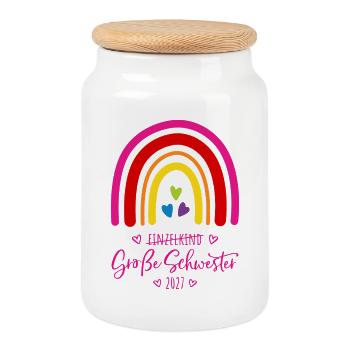 Große Schwester 2027 Regenbogen - Keksdose mit Holzdeckel - Weiß - Vorne