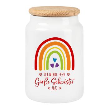 Ich werde eine Große Schwester 2027 Regenbogen - Keksdose mit Holzdeckel - Weiß - Vorne