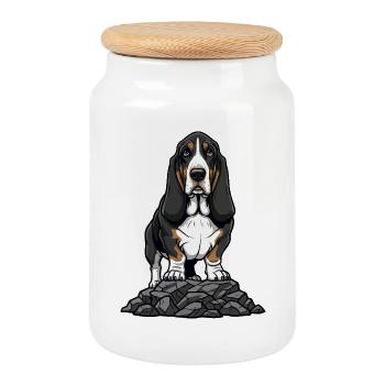 Basset Hound Dog on Rock Tricolor Portrait - Cookie Jar with Wooden Lid - white - Front