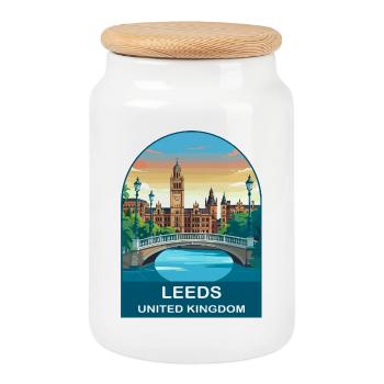 Leeds Skyline UK Yorkshire Reiseillustration - Keksdose mit Holzdeckel - Weiß - Vorne