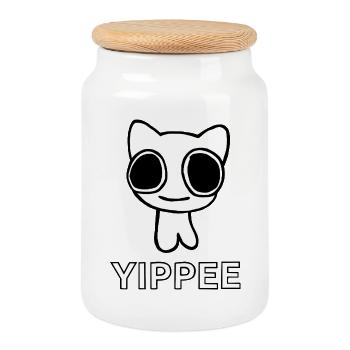 Yippee Autism Cat - Cookie Jar with Wooden Lid - white - Front