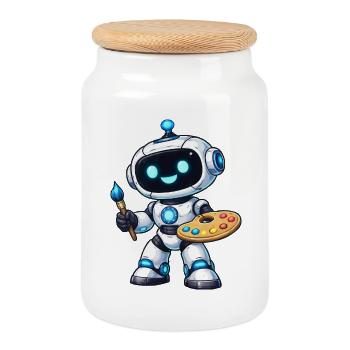 Robot de peinture artistique avec palette - Boîte à biscuits avec couvercle en bois - blanc - Devant