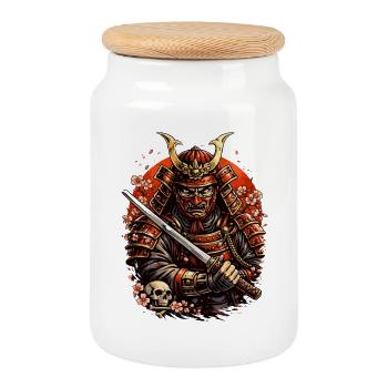 Samurai with cherry blossoms and skull - Cookie Jar with Wooden Lid - white - Front