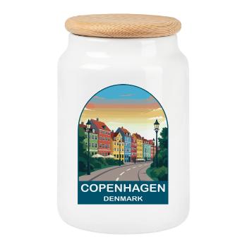 Copenhagen Denmark Vintage Travel Poster - Cookie Jar with Wooden Lid - white - Front