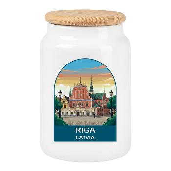 Riga, Lettland Vintage-Reiseposter-Kunst - Keksdose mit Holzdeckel - Weiß - Vorne