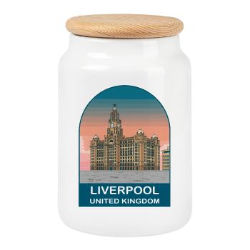 Liverpool UK Vintage Travel Poster Art - Cookie Jar with Wooden Lid - white - Front