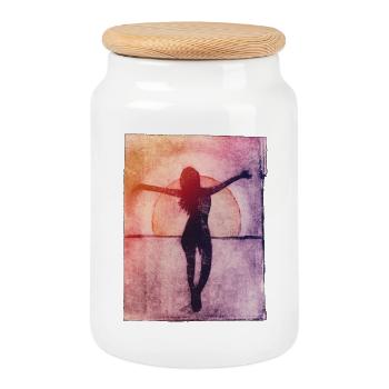 Femme au bord de la mer - Gravé à la main à imprimer - Boîte à biscuits avec couvercle en bois - blanc - Devant