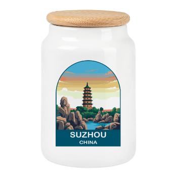 Suzhou China Classical Garden Vintage Travel Art - Cookie Jar with Wooden Lid - white - Front
