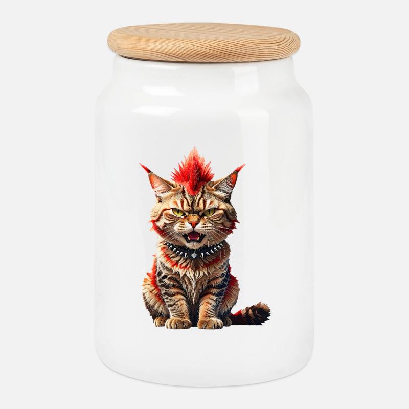 Punk Katze - Keksdose mit Holzdeckel - Weiß