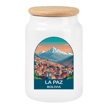 La Paz Bolivia Cable Car Vintage Travel Art - Cookie Jar with Wooden Lid - white - Front