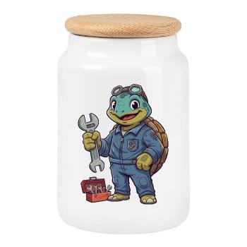 Turtle Mechanic Hero - Cookie Jar with Wooden Lid - white - Front